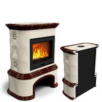 КимрПечь Печь камин длительного горения с изразцами Прованс с дровником пристенный Шоколад (топка: Ладья-700)